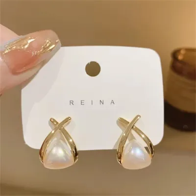 Golden Cross Triangle Pearl Stud Earrings 